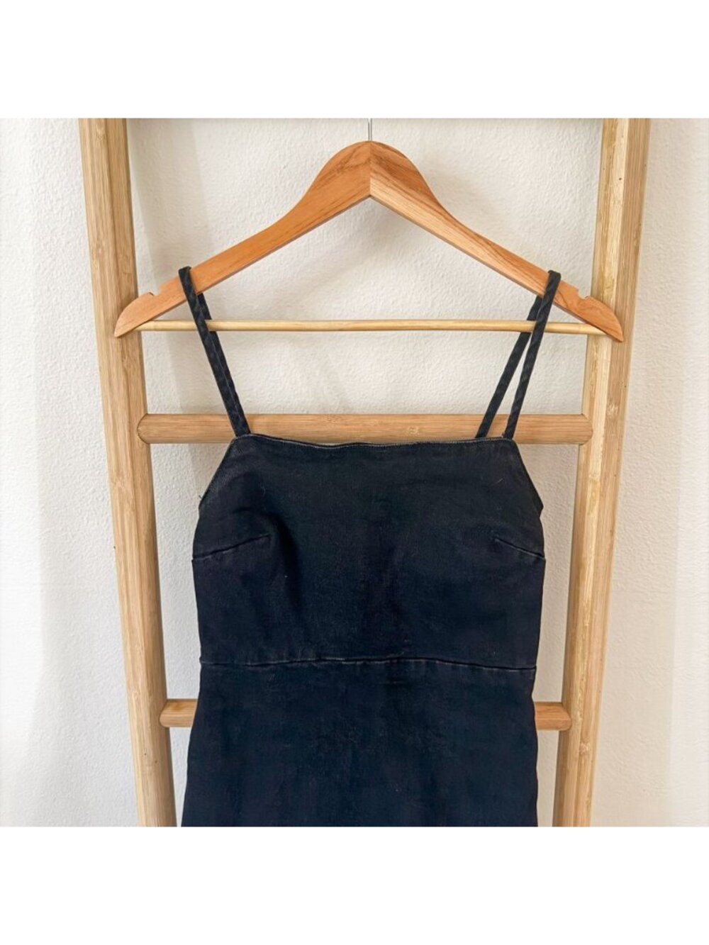 Zara Black Denim Mini Dress Spaghetti Strap Fitted Stretch Size Small - Picture 3 of 8